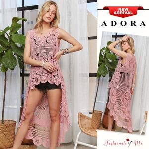 ADORA Crochet Lace Detail Sleeveless Round Neck Hi-Low Hem Tunic Top | Mauve